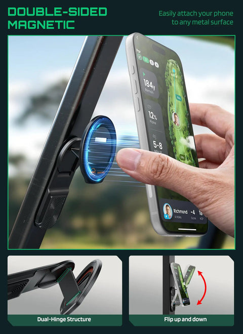 Magnetic Golf Cart Phone Holder With Dual Sided MagSafe Mount Easy Snap In Phone Stand shown in use on a golf cart frame.