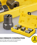Yellow case with Five Piece Heavy Duty Bolt Remover Set With One Half Inch Drive Impact Extractors made of durable 42CrMo steel