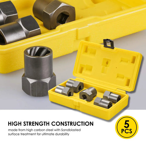 Yellow case with Five Piece Heavy Duty Bolt Remover Set With One Half Inch Drive Impact Extractors made of durable 42CrMo steel