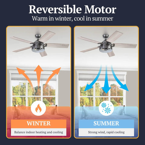 Industrial 52 Inch LED Ceiling Fan With Remote Light Kit, Dual Mounting, Reversible Motor shown in winter and summer settings