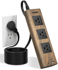 Wood finish power strip surge protector with USB-C and USB-A, 1800J surge protection, 10 ft flat extension cord, ultra thin flat plug