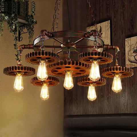 7-Head Farmhouse Chandelier Rustic Industrial Pendant Light for Restaurants, Bars, and Coffee Shops - gear design glowing lights