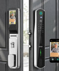 Wifi Video Doorbell Smart Lock Featuring Eight Keyless Methods Palm Vein Facial Recognition Fingerprint Pin Card App Control For Heavy Duty Home Security Zero Sweat Tight Security Setup displayed on a wooden door with an HD camera and smartphone.