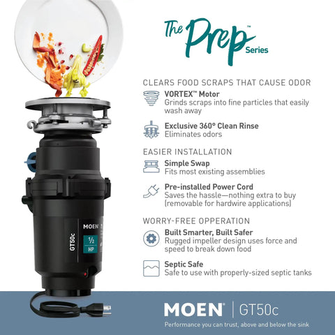 Prep Series One Half Horsepower Continuous Feed Garbage Disposal With Fast Track Technology 2600 RPM Vortex Motor For Quick No Fuss Grinding And Easy Cleanup Power Cord Included, black disposal unit with food scraps illustration.