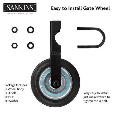 Gate Helper Wheel For 6 Inch Gate Support With Metal Swing Gates Fits 1 To 2 Inch Frames Keeps Your Gate From Dragging On Chain Link Fences Rugged Rubber Tire And Rustproof Steel Black package contents