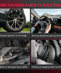 Signs of CV axle wear: grease on tire, vibrations, bent axle, clicking on turns