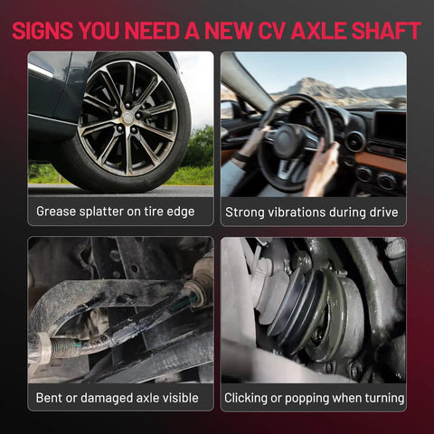 Signs of CV axle wear: grease on tire, vibrations, bent axle, clicking on turns