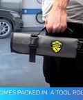 Person holding a rolled tool bag for Ratcheting Wrench Set 22-Piece Metric And SAE Reversible Wrenches With Mirror Finish Unbreakable Build