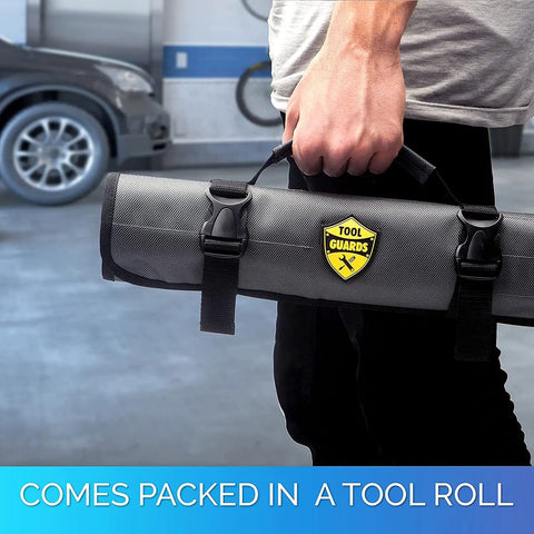 Person holding a rolled tool bag for Ratcheting Wrench Set 22-Piece Metric And SAE Reversible Wrenches With Mirror Finish Unbreakable Build