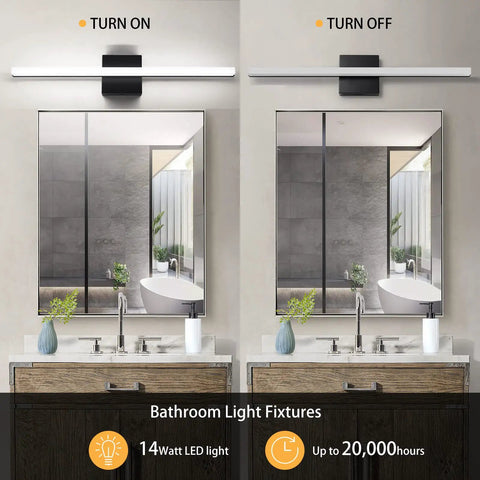 Modern LED Vanity Lights for Bathroom 24 Inch Over Mirror Fixtures 14W Daylight White 2 Pack eye-friendly on and off view