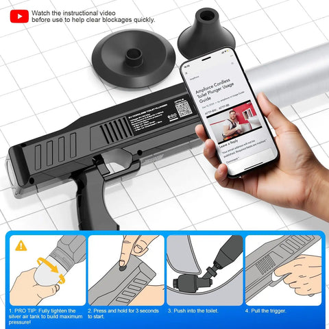 Heavy Duty Electric Air Plunger For Bathroom Toilets High Pressure Drain Unclogger with phone and instructions for use.