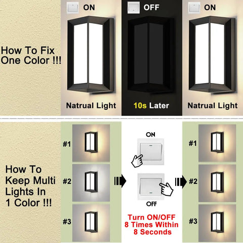 Instructions for setting colors on the Outdoor Wall Porch Light Modern Exterior LED Sconce 24W Matte Black Wall Fixture.