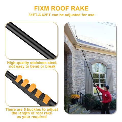 Image of telescoping roof and yard rake in use, extending from 31 to 6.62 feet for leaf and debris cleanup, with detachable rake head.
