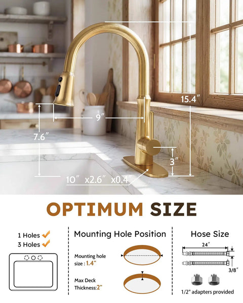 Kitchen Faucets with Pull Down Sprayer,WOWOW Gold High Arc Single Handle Classic Stainless Steel Sink Faucet 1 or 3 Hole dimensions on counter