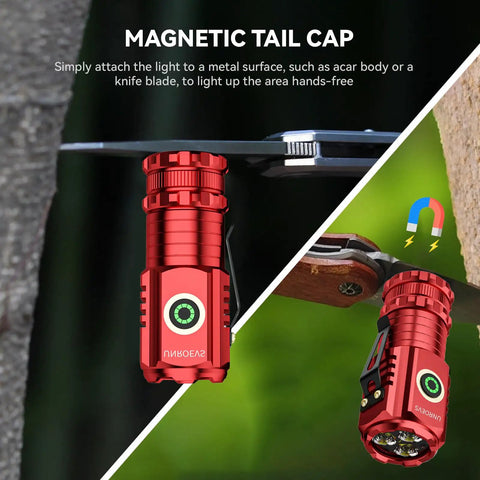 Tiny But Mighty Pocket USB C Rechargeable Flashlight, 2550 Lumens, showing magnetic tail attachment on metal