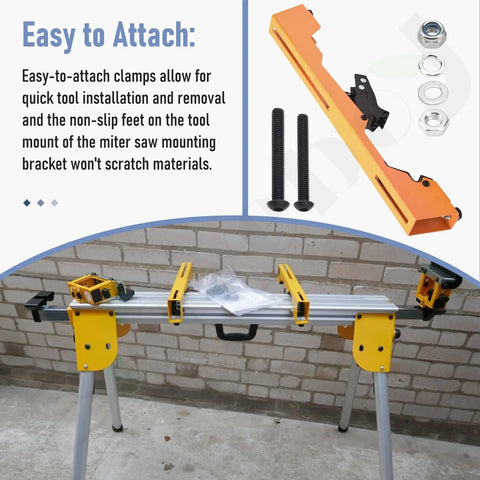 Two Pack Miter Saw Mounting Brackets For Stand Yellow With Easy Attach Clamps And Non Slip Feet Fits DWX723, image showing brackets on stand.