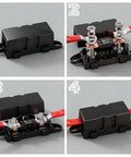 Premium MEGA 350 Amp Auto Fuse 32V DC Bolt On Circuit Protector showing installation steps with nylon casing and connectors.