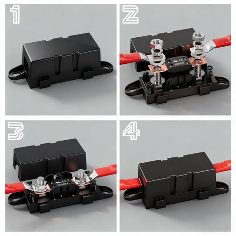 Premium MEGA 350 Amp Auto Fuse 32V DC Bolt On Circuit Protector showing installation steps with nylon casing and connectors.