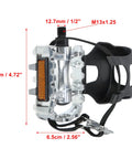 Non Slip Bicycle Pedals With Half Inch Spindle Platform Toe Clips And Adjustable Foot Straps For Indoor And Outdoor Cycling Durable Grippy For Any Ride, showing vertical view with dimensions.