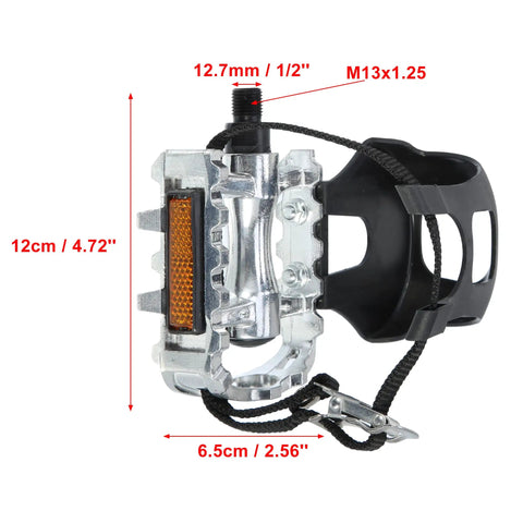 Non Slip Bicycle Pedals With Half Inch Spindle Platform Toe Clips And Adjustable Foot Straps For Indoor And Outdoor Cycling Durable Grippy For Any Ride, showing vertical view with dimensions.