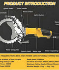 Heavy Duty Beast Mode Brushless Electric Concrete Saw Wall Chaser Ring Cutter With Diamond Blade And Water Fed Dust Suppression showing components and specifications.