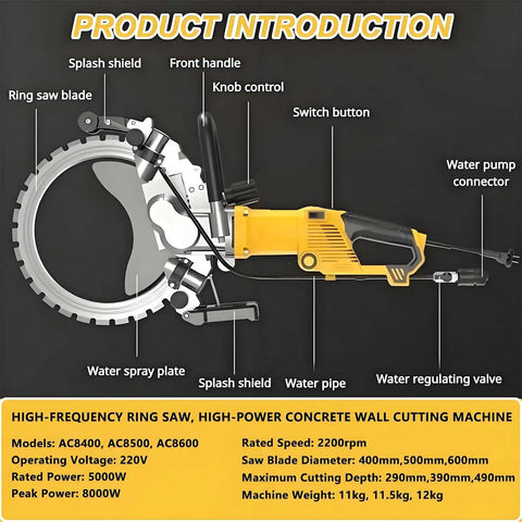 Heavy Duty Beast Mode Brushless Electric Concrete Saw Wall Chaser Ring Cutter With Diamond Blade And Water Fed Dust Suppression showing components and specifications.
