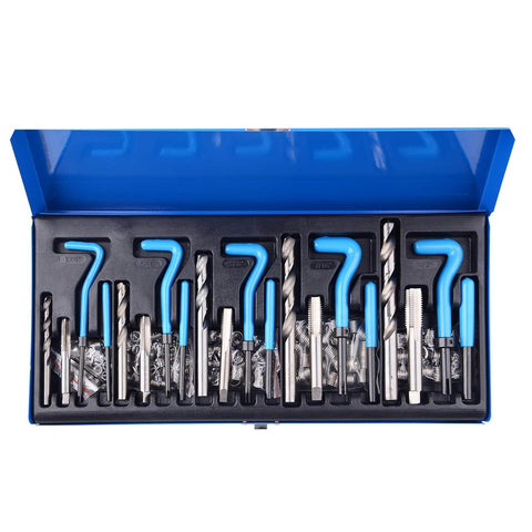 All-In-One 131-Piece SAE Thread Repair Kit With HSS Drill Helicoil Inserts For 1/4, 5/16, 3/8, 7/16 And 1/2 Inch Threads displayed