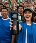 Woman holding FIFA World Cup 26 black water bottle in crowd, similar to 750 Milliliter Plastic Water Bottle In Black And Orange Durable BPA Free Leak Proof Easy Grip