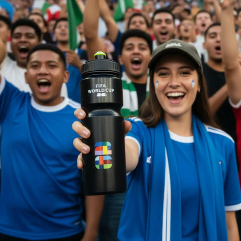 Woman holding FIFA World Cup 26 black water bottle in crowd, similar to 750 Milliliter Plastic Water Bottle In Black And Orange Durable BPA Free Leak Proof Easy Grip