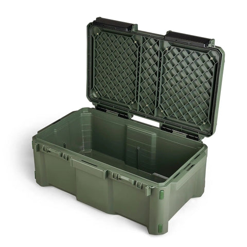 GoNow Box Waterproof Gear Storage Heavy Duty Outdoor Utility Container with tray and dividers, large capacity in olive drab, open view.