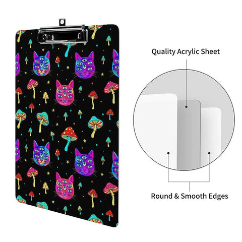 Trippy Eyes Print Plastic Clipboard With Low Profile Clip Acrylic Workhorse Desk Clip For A4 And Letter Size Papers Sturdy Writing Surface Smooth Glide Go To Desk Clip For Studying And Office Use, black acrylic clipboard with cat and mushroom print