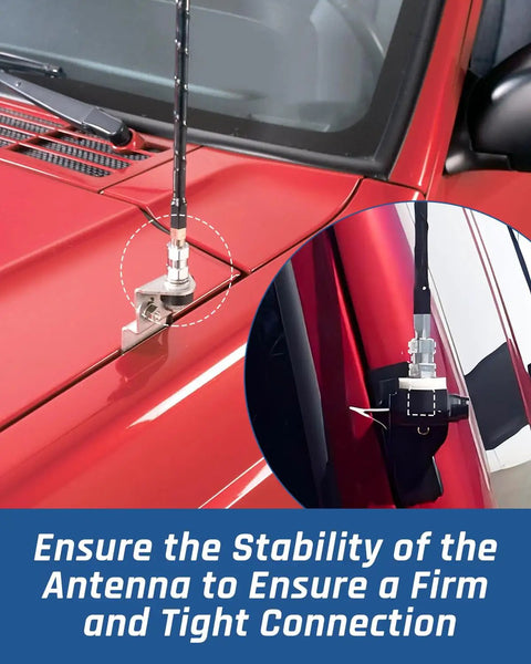 Heavy Duty CB Antenna Stud Mount Adapter With SO239 Connector For Three Eighths By Twenty Four Threads on vehicle hood