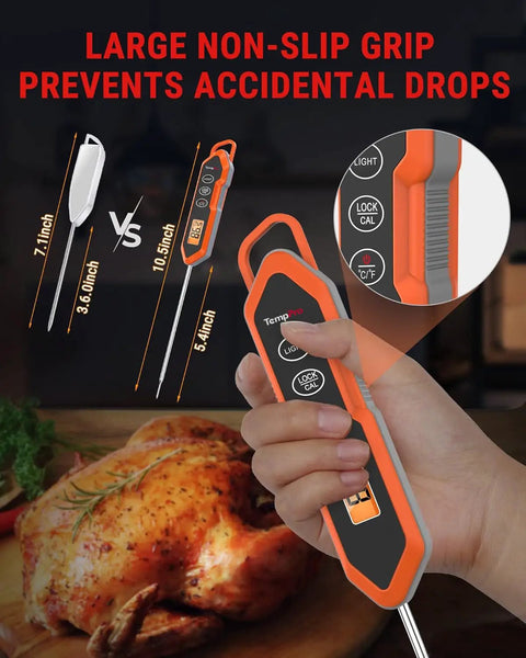 Hand holding waterproof instant read meat thermometer with 5.4 inch stainless steel probe and backlight, ideal for BBQ and roasting.