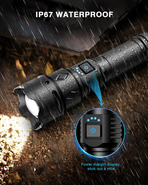 Beast Mode Bright Rechargeable Flashlight Two Point Five Million Lumens Waterproof Tactical LED Handheld in rain