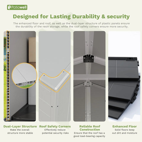 Interior details of Resin Outdoor Storage Shed With Floor, Lockable Door And Window, showcasing durability features.