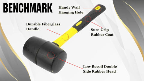 Rubber Mallet Set With 8 Oz 16 Oz And 32 Oz Heads, Low Recoil Rubber Faces For Dent Free Strikes, Big Rubber Heads, Durable Fiberglass Handles, Sure Grip Comfort, Great For Woodworking And Finishing, shown with durable handle and hanging hole
