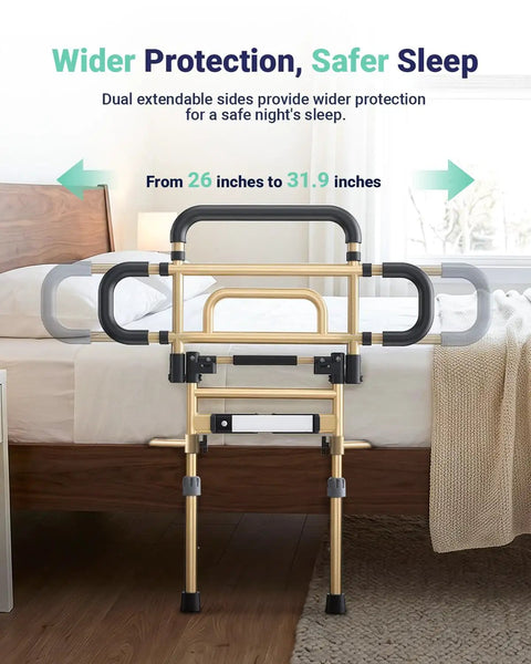 Must-Have 180-Degree Foldable Bed Rail For Seniors with adjustable width, khaki color, shown on bed.