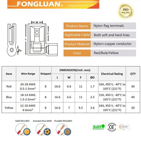 Specifications chart for 100Pcs Nylon Flag Spade Female Insulated Terminals Kit 24 10 Gauge Quick Disconnects For Auto Wiring