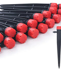 50 Pack Adjustable Drip Emitters For 1/4 Inch Tubing With 360 Degree Water Flow On 5 Inch Arrow Stakes Garden Drippers displayed in a row