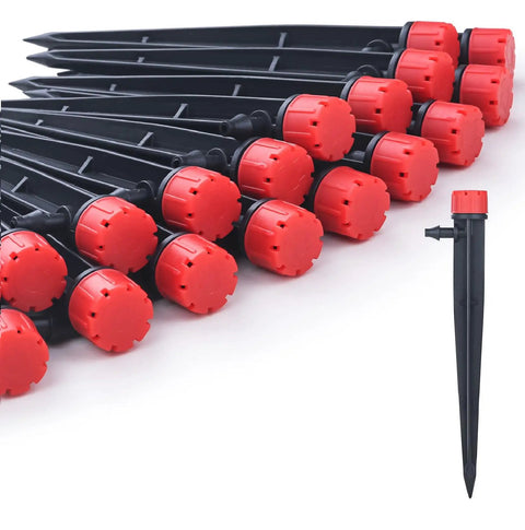 50 Pack Adjustable Drip Emitters For 1/4 Inch Tubing With 360 Degree Water Flow On 5 Inch Arrow Stakes Garden Drippers displayed in a row