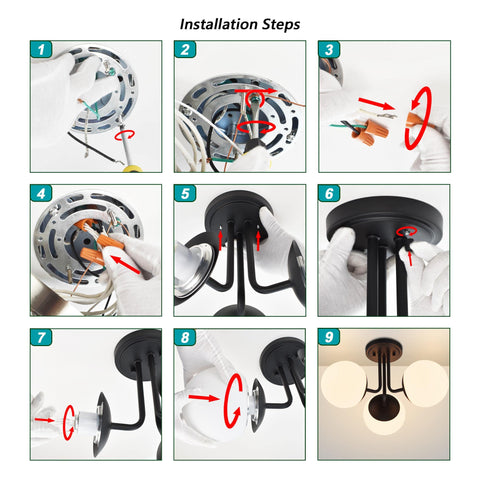 Installation steps for 3 Light Dope Matte Black Semi Flush Mount Ceiling Light Fixture Modern Globe Sputnik Chandelier