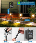 Low Voltage Landscape Lighting Kit With Transformer Photocell Sensor And Timer 8 Pack 3W Spotlights 68Ft Wire ETL Approved Dimmable Waterproof 2700K Outdoor Garden Yard Lighting For Trees Plants And House Exterior setup guide with spotlight installation and connectors.