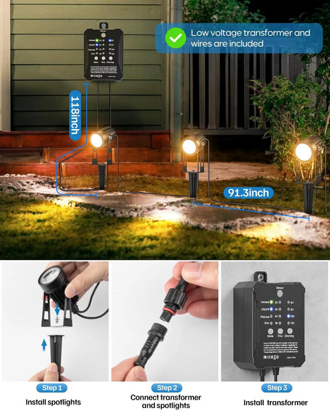 Low Voltage Landscape Lighting Kit With Transformer Photocell Sensor And Timer 8 Pack 3W Spotlights 68Ft Wire ETL Approved Dimmable Waterproof 2700K Outdoor Garden Yard Lighting For Trees Plants And House Exterior setup guide with spotlight installation and connectors.