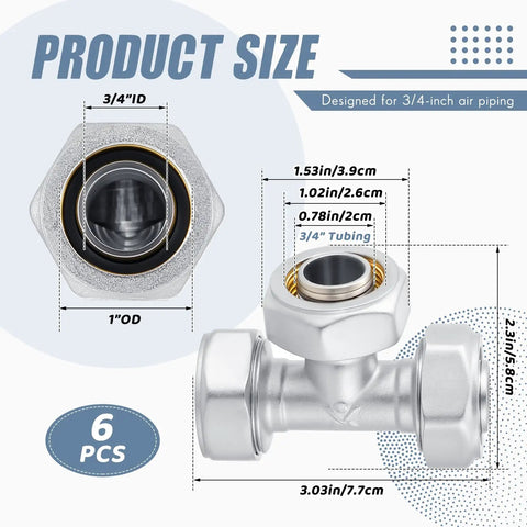 Six Pack Three Quarter Inch Equal Air Piping Fittings Brass Nickel Plated for Shop Compressed Air Line System 200 Psi dimensions