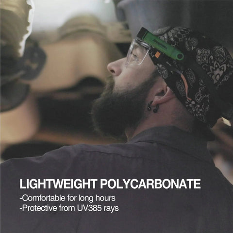 Badass Over Eyeglasses Safety Glasses Featuring Dual Side Antifog Lens And Scratch Proof Coating With UV Protection Z87.1 Rated Impact Resistant Shield For Tradesmen Builders And DIY Pros 6 Pack worn by a man with a beard, showcasing comfort and UV protection.