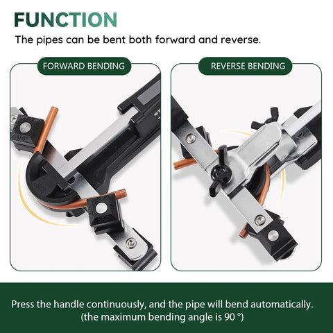 One Hand Tubing Bender Kit With Reverse Bend For One Quarter Inch To Seven Eighths Inch Copper Or Brass Pipes HVAC Ratchet Pipe Bender Tool demonstrating forward and reverse bending functionality