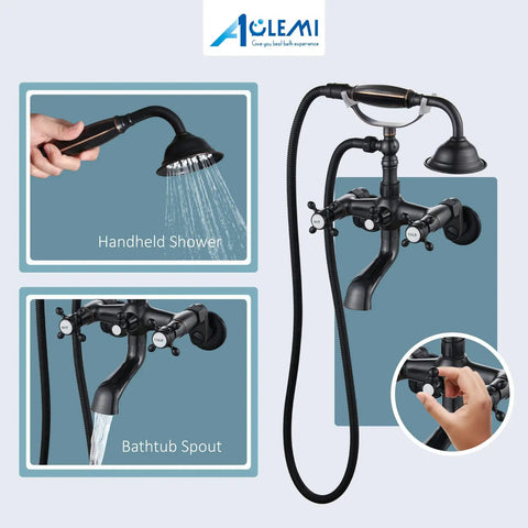Oil Rubbed Bronze Clawfoot Tub Filler With Wall Mount, Vintage Style Tub Faucet With Handheld Shower, Double Cross Handles