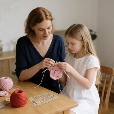 Woman and girl using Super Crisp Acrylic Gauge Ruler For Knitting And Crochet No Sweat Stitch Measurement Guide with yarn.