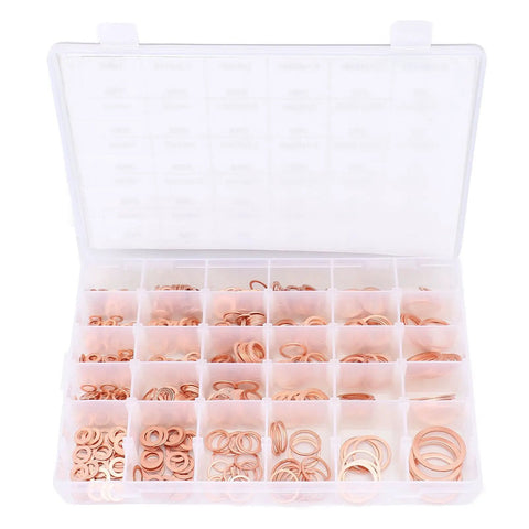 568 Piece Copper Washers Set With 30 Sizes M5 To M28 For Oil Drain Plugs And Gasket Seals, organized in a plastic case