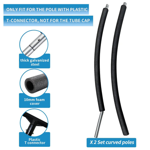 Built Tough Universal 2 Pack Trampoline Curved Enclosure Poles Compatible With 10 To 16 Ft Nets with foam padding and connectors.